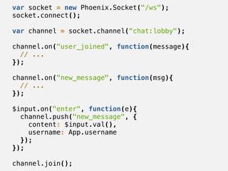 var socket = new Phoenix.Socket("/ws");
socket.connect();
var channel = socket.channel(“chat:lobby");
channel.on("user_joined", function(message){
// ...
});
channel.on("new_message", function(msg){
// ...
});
$input.on("enter", function(e){
channel.push("new_message", {
content: $input.val(),
username: App.username
});
});
channel.join();
 