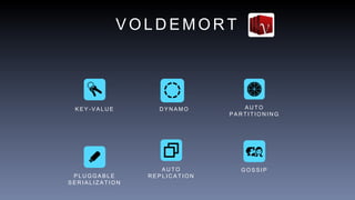 V O L D E M O R T
A U T O
P A R T I T I O N I N G
P L U G G A B L E
S E R I A L I Z A T I O N
A U T O
R E P L I C A T I O N
K E Y - V A L U E D Y N A M O
G O S S I P
 