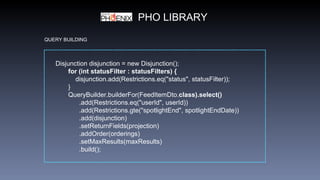 PHO LIBRARY
QUERY BUILDING
Disjunction disjunction = new Disjunction();
for (int statusFilter : statusFilters) {
disjunction.add(Restrictions.eq("status", statusFilter));
}
QueryBuilder.builderFor(FeedItemDto.class).select()
.add(Restrictions.eq("userId", userId))
.add(Restrictions.gte("spotlightEnd", spotlightEndDate))
.add(disjunction)
.setReturnFields(projection)
.addOrder(orderings)
.setMaxResults(maxResults)
.build();
 