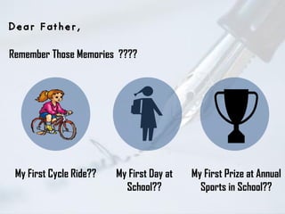 Dear Father,
Remember Those Memories ????
My First Cycle Ride?? My First Day at
School??
My First Prize at Annual
Sports in School??
 