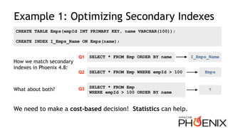 Example 1: Optimizing Secondary Indexes
How we match secondary
indexes in Phoenix 4.8:
What about both?
SELECT * FROM Emp ...