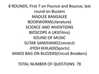 8 ROUNDS, First 7 on Pounce and Bounce, last
round on Buzzers
MADLEE BANGALEE
BOOKWORM(Literature)
SCIENCE AND INVENTIONS
BIOSCOPE A UKI(Films)
SOUND OF MUSIC
SUTAR SANDHANE(Connect)
JIYOH KHILADI(Sports)
MIXED BAG ON BUZZERS(Circuit Breakers)
TOTAL NUMBER OF QUESTIONS: 78
 