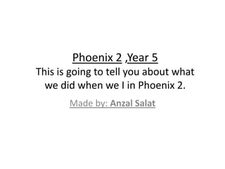 Phoenix 2 ,Year 5
This is going to tell you about what
  we did when we I in Phoenix 2.
       Made by: Anzal Salat
 
