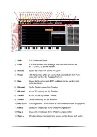 24        25 27 29 31 33 35 37 39 41 43 45 46 47 48 49 50 51 52        55   56 57

                26 28 30 32 34 36 38       42        44           53   54        58 59   60


          61


1
2
3
4
5
6
7
8
9
10
11
12
13
14
15
16
17
18
19
20
21
22
23




     1) Start                  Zum Starten der Show

     2) Loop                   Zum Wiederholen einer Passage zwischen zwei Punkten die
                               mit (11) und (12) gesetzt werden.

     3) Restart                Startet die Show noch einmal von vorne

     4) Pause                  Hält die laufende Show an, kann jedoch jederzeit von dem Punkt
                               fortgesetzt werden. Die Ausgabe friert ein.

     5) Stop                   Stoppt die Show komplett. DMX und Lasersignale werden nicht
                               mehr übertragen.

     6) Rücklauf               Großer Rücksprung auf der Timelne.

     7) Rücklauf               Kurzer Rücksprung auf der Timeline

     8) Vorlauf                Kurzer Vorsprung auf der Timeline

     9) Vorlauf                Großer Vorsprung auf der Timeline

     10) Only active           Nur ausgewählte / aktive Events auf der Timeline werden ausgegeben

     11) Start-L               Startpunkt eines Loops (Einer Wiederholungsschlefe)

     12) Stop-L                Stoppunkt eines Loops (Einer Wiederholungsschleife)

     13) Open-L                Öffnet die Wiederholungsschleife wieder und der Cursur läuft weiter.




                                                             44
 