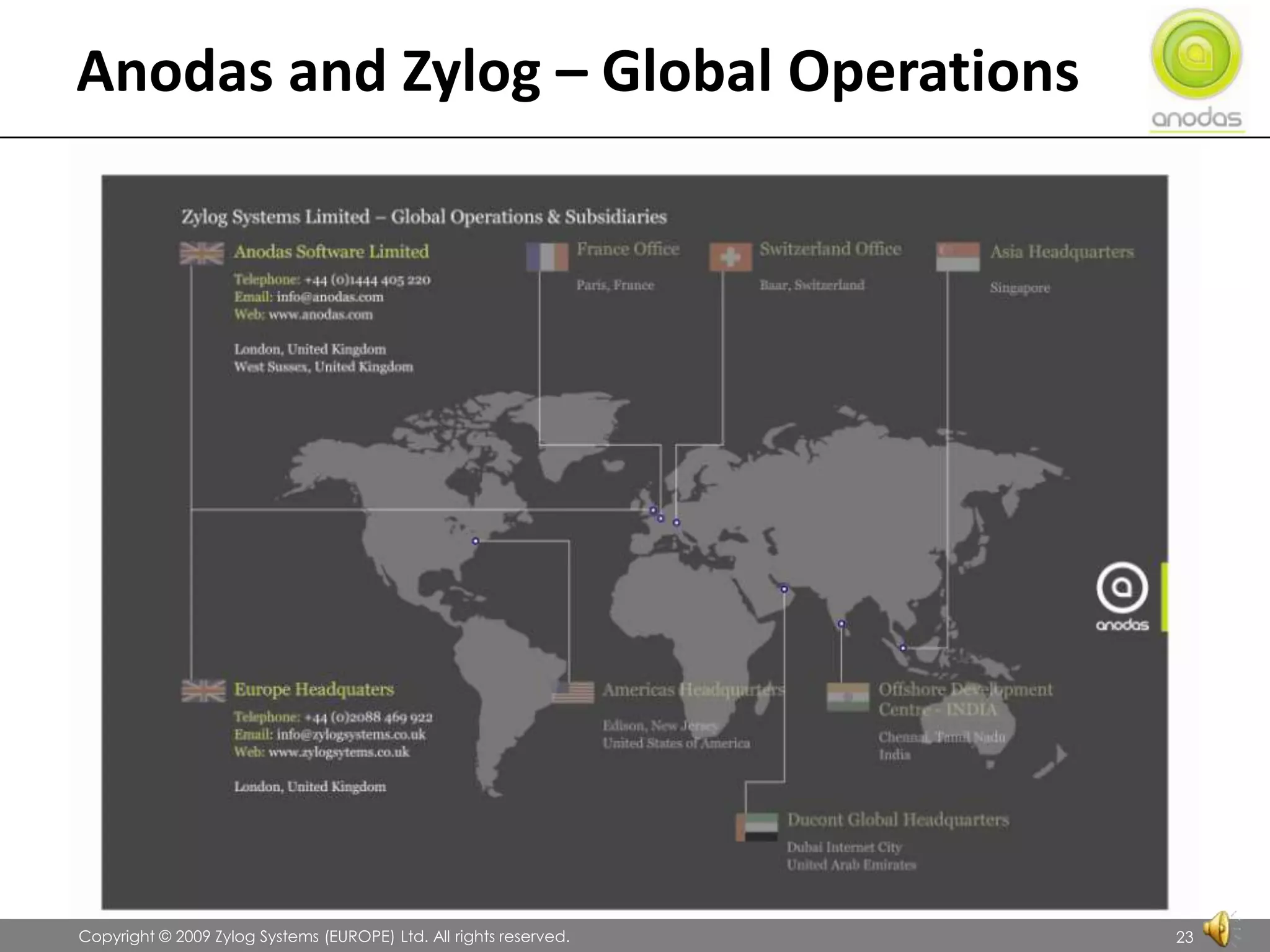 Anodas and Zylog – Global Operations               Copyright © 2009 Zylog Systems (EUROPE) Ltd. All rights reserved.23
