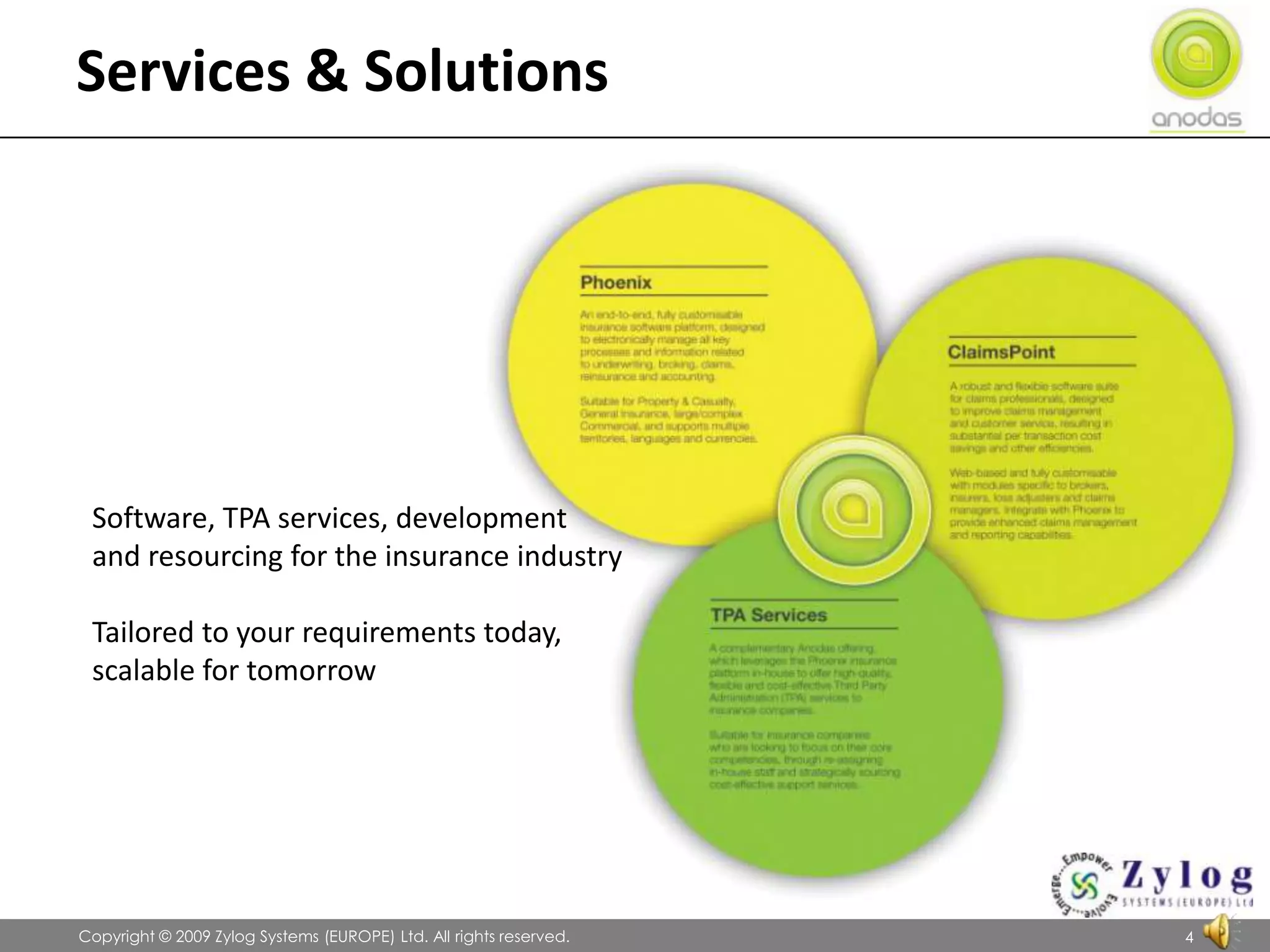                Copyright © 2009 Zylog Systems (EUROPE) Ltd. All rights reserved.4Services & SolutionsSoftware, TPA services, development and resourcing for the insurance industryTailored to your requirements today, scalable for tomorrow