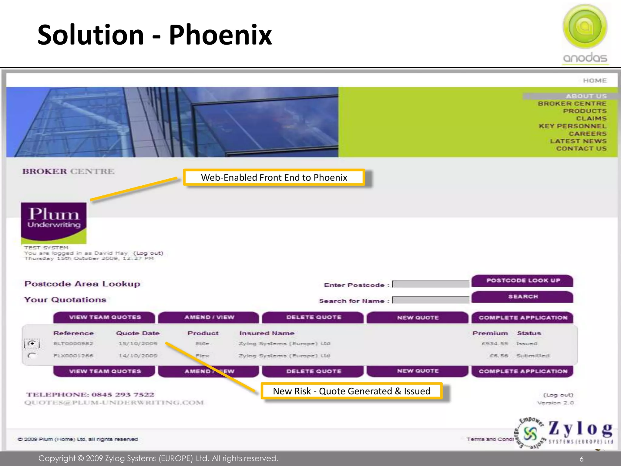 Solution - Phoenix               Copyright © 2009 Zylog Systems (EUROPE) Ltd. All rights reserved.6Web-Enabled Front End to PhoenixNew Risk - Quote Generated & Issued