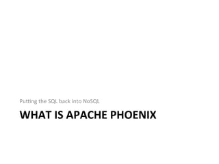 WHAT	
  IS	
  APACHE	
  PHOENIX	
  
PuUng	
  the	
  SQL	
  back	
  into	
  NoSQL	
  
 