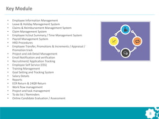 • Employee Information Management
• Leave & Holiday Management System
• Claims & Reimbursement Management System
• Claim Management System
• Employee In/out Summary / Time Management System
• Payroll Management System
• HRD Procedures
• Employee Transfer, Promotions & Increments / Appraisal /
Promotion track
• Project and Job Detail Management
• Email Notification and verification
• Recruitment/ Application Tracking
• Employee Self Service (ESS)
• Training Management
• Goal Setting and Tracking System
• Salary Details
• Reports
• ECR Return & 24QR Return
• Work flow management
• Project and task management
• To do list / Reminders
• Online Candidate Evaluation / Assessment
8
Key Module
 
