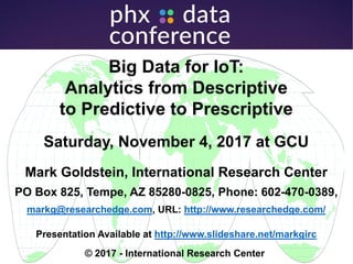 Big Data for IoT:
Analytics from Descriptive
to Predictive to Prescriptive
Saturday, November 4, 2017 at GCU
Mark Goldstein, International Research Center
PO Box 825, Tempe, AZ 85280-0825, Phone: 602-470-0389,
markg@researchedge.com, URL: http://www.researchedge.com/
Presentation Available at http://www.slideshare.net/markgirc
© 2017 - International Research Center
Arizona Chapter
 