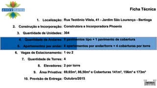 Ficha Técnica

              1. Localização: Rua Teotônio Vilela, 41 - Jardim São Lourenço - Bertioga
2. Construção e Incorporação: Construtora e Incorporadora Phoenix
  3. Quantidade de Unidades: 304

   4. Quantidade de Andares: 9 pavimentos tipo + 1 pavimento de cobertura

  5. Apartamentos por andar: 8 apartamentos por andar/torre + 4 coberturas por torre

 6. Vagas de Estacionamento: 1 ou 2

     7. Quantidade de Torres: 4

              8. Elevadores: 2 por torre

            9. Área Privativa: 69,65m², 86,50m² e Coberturas 141m², 156m² e 173m²

      10. Previsão de Entrega: Outubro/2015
 