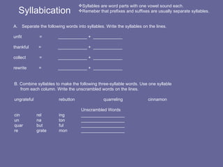 Syllabication Syllables are word parts with one vowel sound each. Remeber that prefixes and suffixes are usually separate syllables. Separate the following words into syllables. Write the syllables on the lines. unfit    =  ____________ +  ____________ thankful  =  ____________ +  ____________ collect  =  ____________ +  ____________ rewrite  =  ____________ +  ____________ B. Combine syllables to make the following three-syllable words. Use one syllable  from each column. Write the unscrambled words on the lines. ungrateful  rebutton quarreling cinnamon Unscrambled Words cin rel ing __________________ un na ton  __________________ quar but ful __________________ re grate mon __________________ 