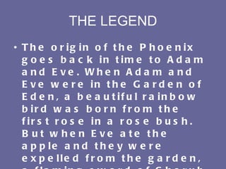 THE LEGEND The origin of the Phoenix goes back in time to Adam and Eve. When Adam and Eve were in the Garden of Eden, a beautiful rainbow bird was born from the first rose in a rose bush. But when Eve ate the apple and they were expelled from the garden, a flaming sword of Cherub fell from the sky. A single spark fell into the bird’s nest and the bird was burnt to death. But in the nest lay a red egg which held the Phoenix, a bird of fire.  