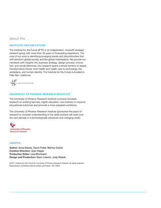 about the …
i n s t i t u t e f o r t h e fu t ur e

The Institute for the Future (IFTF) is an independent, nonprofit strategic
research group with more than 40 years of forecasting experience. The
core of our work is identifying emerging trends and discontinuities that
will transform global society and the global marketplace. We provide our
members with insights into business strategy, design process, innova-
tion, and social dilemmas. Our research spans a broad territory of deeply
transformative trends, from health and health care to technology, the
workplace, and human identity. The Institute for the Future is located in
Palo Alto, California.




U n i v e rsi t y o f P h o e n i x R e s e arc h I n s t i t u t e

The University of Phoenix Research Institute conducts scholarly
research on working learners, higher education, and industry to improve
educational outcomes and promote a more prepared workforce.

The University of Phoenix Research Institute sponsored this piece of
research to increase understanding of the skills workers will need over
the next decade in a technologically advanced and changing world.




Credits:

Author: Anna Davies, Devin Fidler, Marina Gorbis
Creative Direction: Jean Hagan
Production Editor: Lisa Mumbach
Design and Production: Karin Lubeck, Jody Radzik

©2011 Institute for the Future for University of Phoenix Research Institute. All rights reserved.
Reproduction prohibited without written permission. SR-1382A
 