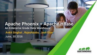 1 © Hortonworks Inc. 2011 – 2016. All Rights Reserved
Apache Phoenix + Apache HBase
An Enterprise Grade Data Warehouse
Ankit Singhal , Rajeshbabu , Josh Elser
June, 30 2016
 
