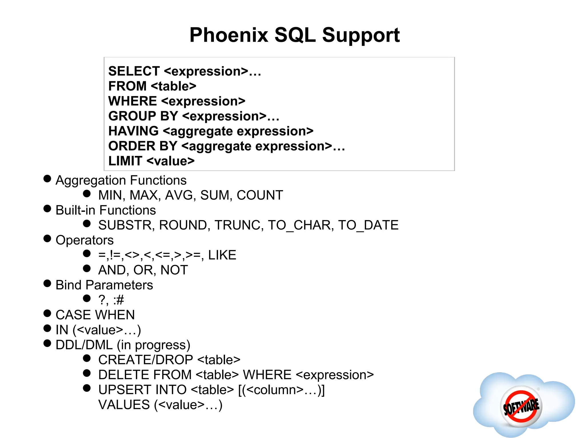Phoenix SQL Support
           SELECT <expression>…
           FROM <table>
           WHERE <expression>
           GROUP BY <expression>…
           HAVING <aggregate expression>
           ORDER BY <aggregate expression>…
           LIMIT <value>
Aggregation Functions
       MIN, MAX, AVG, SUM, COUNT
Built-in Functions
       SUBSTR, ROUND, TRUNC, TO_CHAR, TO_DATE
Operators
       =,!=,<>,<,<=,>,>=, LIKE
       AND, OR, NOT
Bind Parameters
       ?, :#
CASE WHEN
IN (<value>…)
DDL/DML (in progress)
       CREATE/DROP <table>
       DELETE FROM <table> WHERE <expression>
       UPSERT INTO <table> [(<column>…)]
          VALUES (<value>…)
 