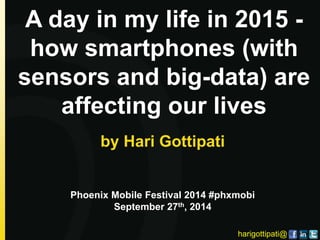 harigottipati@
A day in my life in 2015 -
how smartphones (with
sensors and big-data) are
affecting our lives
by Hari Gottipati
Phoenix Mobile Festival 2014 #phxmobi
September 27th, 2014
 
