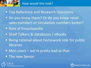 How would this look?

 Top Reference and Research Questions
 Do you know them? Or do you know retail
  sales numbers or circulation numbers better?
 Role of Encyclopedia
 Shelf Talkers & databases / eBooks
 Being rational about homework role for public
  libraries
 Men users – we’re pretty bad at that.
 The new Senior
 