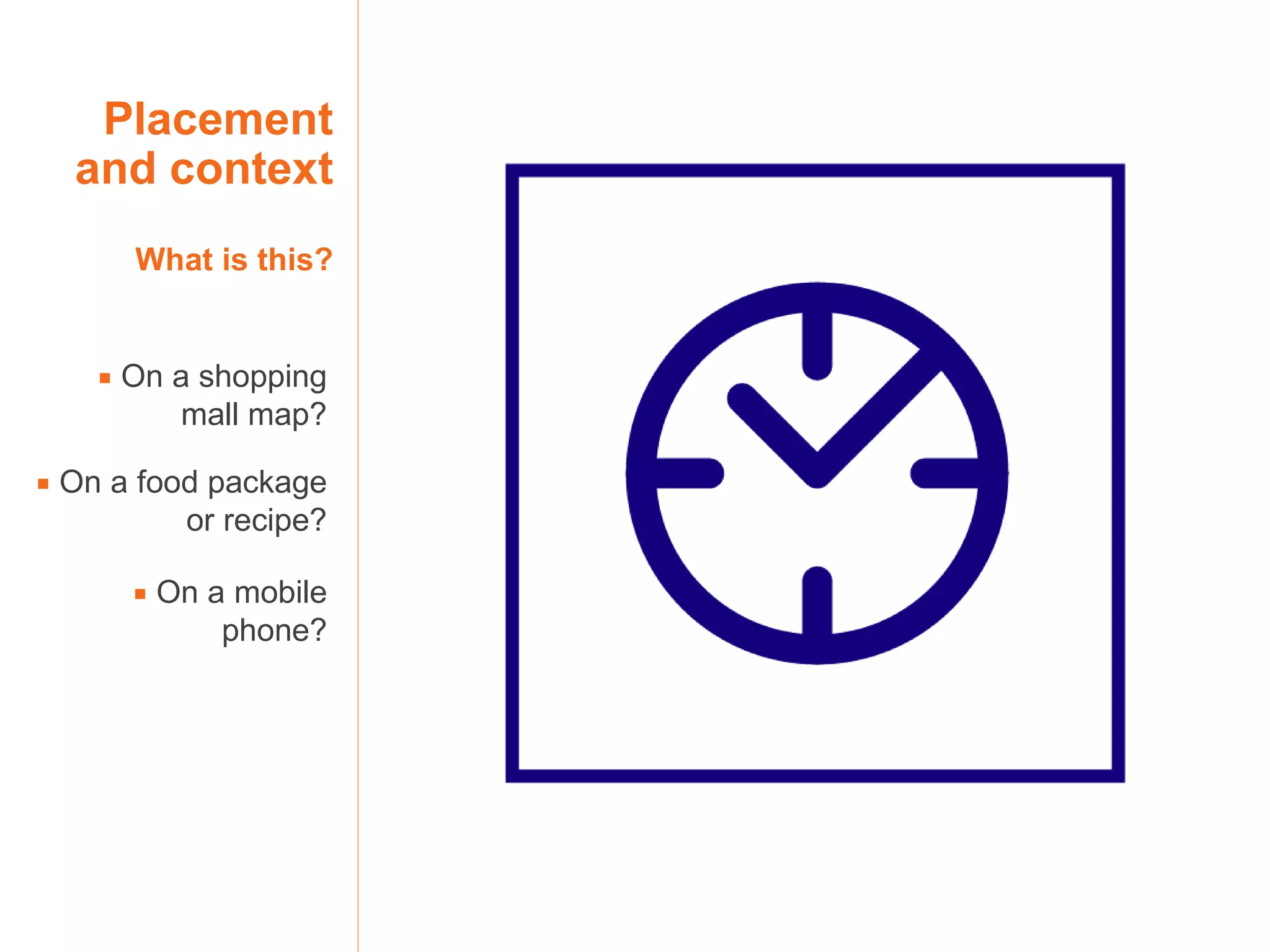    On a shopping mall map?    On a food package or recipe?    On a mobile phone? Placement and context What is this? 