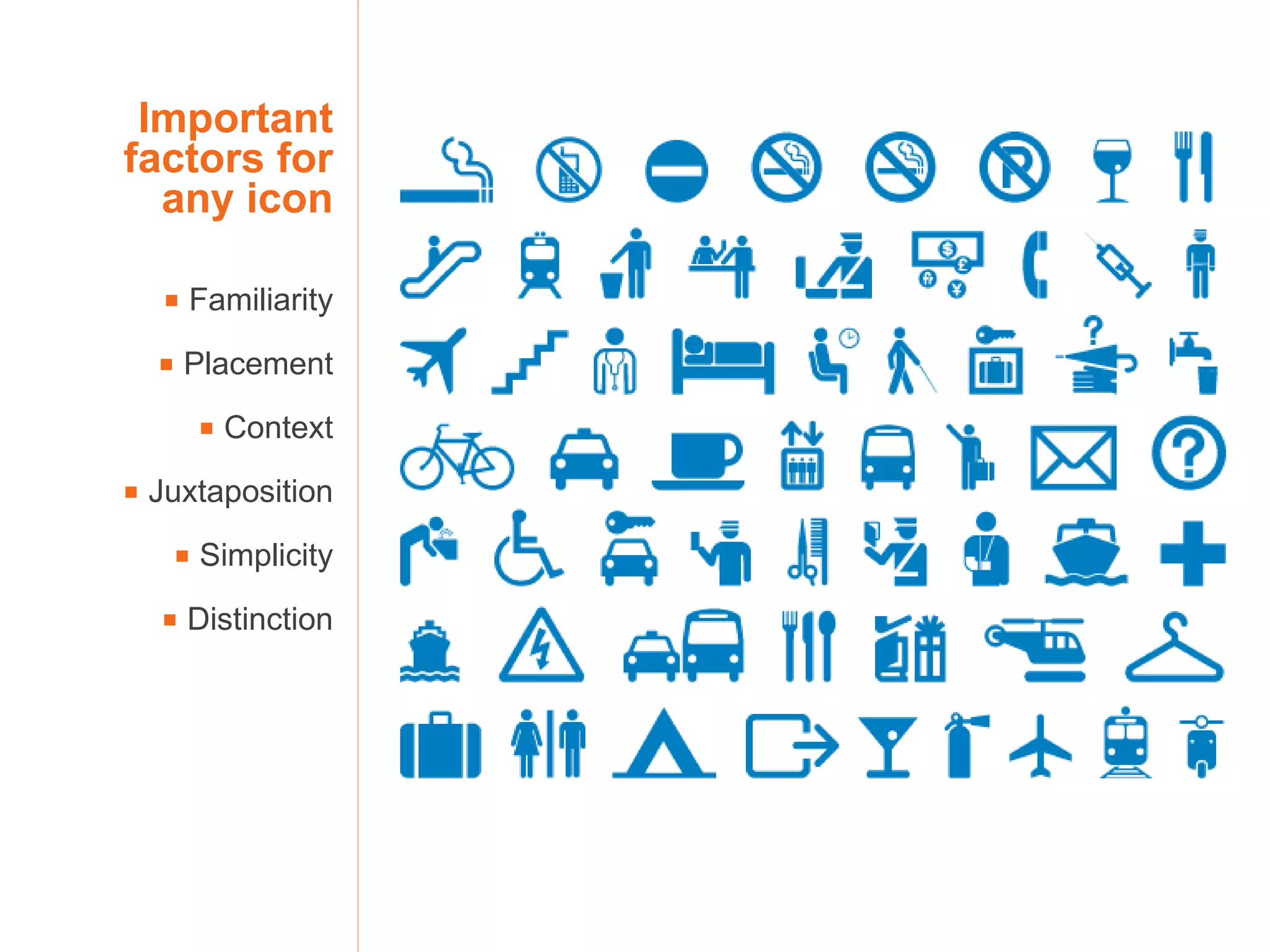Important factors for any icon    Familiarity    Placement    Context    Juxtaposition    Simplicity   Distinction 