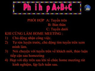 PHỐI HỢP A: Tuyến trên
B: Bản thân
C: Tuyến dưới
KHI CÙNG LÀM HOME MEETING :
1) Chủ động nhận công việc.
2) Tự rèn luyện trước, chủ động tìm tuyến trên xem
mình làm.
3) Nói chuyện với tuyến trên về khách mời, thảo luận
tiếp cận sau homeeting
4) Họp với dây trên sau khi tổ chức home meeting rút
kinh nghiệm, lập lịch tuần sau.
 