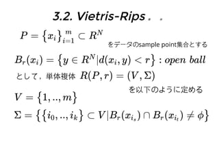 2.1.32.1.3 ⾃自然性⾃自然性((関⼿手性関⼿手性))
def(chain map)
K, L : chain complex
f = (f : K → L ) is chain mapk k k
⇔ f ∘ d = d ∘ f
prop
f : K → L is chain map
⇒ f induce f : H (K) → H (L)∗ ∗ ∗
K ⊂ L : subcomplex
特に下の包含写像　
 