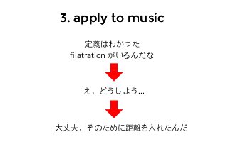 3. apply to music3. apply to music
定義はわかった
ﬁlatration がいるんだな
え，どうしよう...
⼤大丈夫，そのために距離を⼊入れたんだ
 