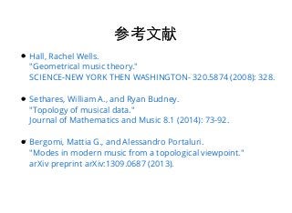 Hall, Rachel Wells.
"Geometrical music theory."
SCIENCE-NEW YORK THEN WASHINGTON- 320.5874 (2008): 328.
Sethares, William A., and Ryan Budney.
"Topology of musical data."
Journal of Mathematics and Music 8.1 (2014): 73-92.
Bergomi, Mattia G., and Alessandro Portaluri.
"Modes in modern music from a topological viewpoint."
arXiv preprint arXiv:1309.0687 (2013).
参考⽂文献参考⽂文献
 