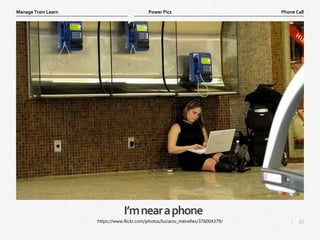 22
|
Phone Call
Manage Train Learn Power Pics
I’mnearaphone
https://www.flickr.com/photos/luciano_meirelles/376004379/
 