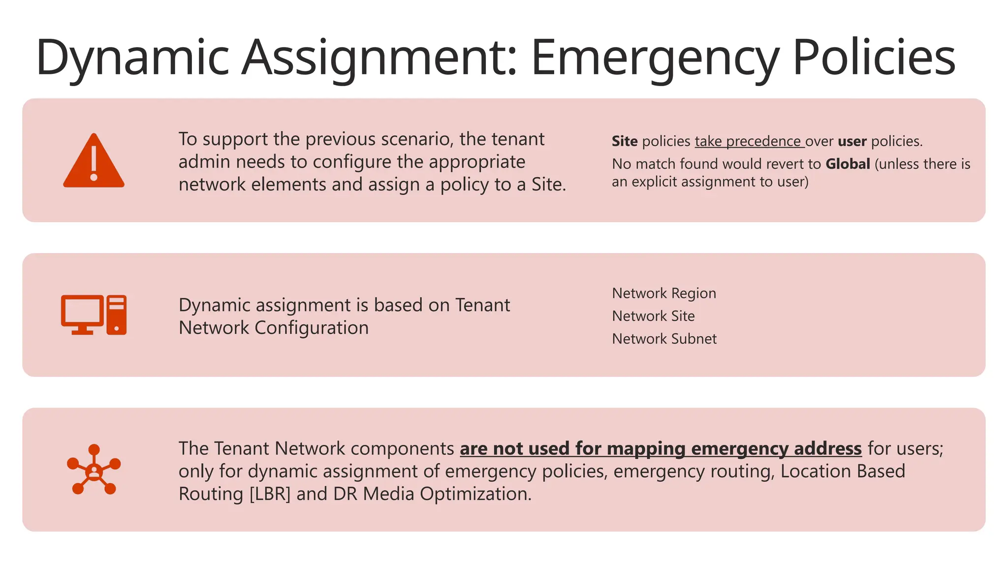 Dynamic Assignment: Emergency Policies
To support the previous scenario, the tenant
admin needs to configure the appropriate
network elements and assign a policy to a Site.
Site policies take precedence over user policies.
No match found would revert to Global (unless there is
an explicit assignment to user)
Dynamic assignment is based on Tenant
Network Configuration
Network Region
Network Site
Network Subnet
The Tenant Network components are not used for mapping emergency address for users;
only for dynamic assignment of emergency policies, emergency routing, Location Based
Routing [LBR] and DR Media Optimization.
 