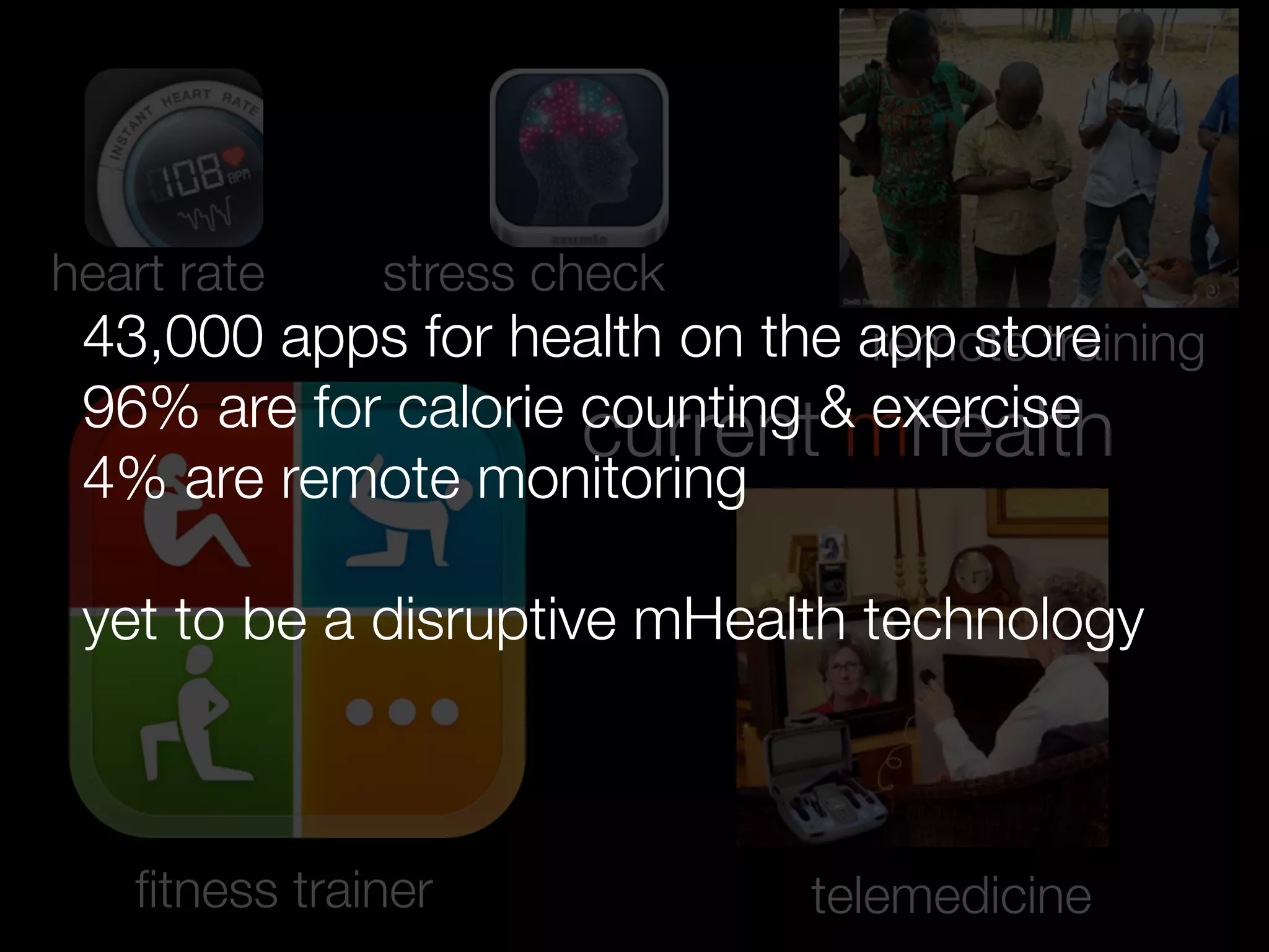 stress check
telemedicineﬁtness trainer
heart rate
current mhealth
remote training43,000 apps for health on the app store
96% are for calorie counting & exercise
4% are remote monitoring
yet to be a disruptive mHealth technology
 