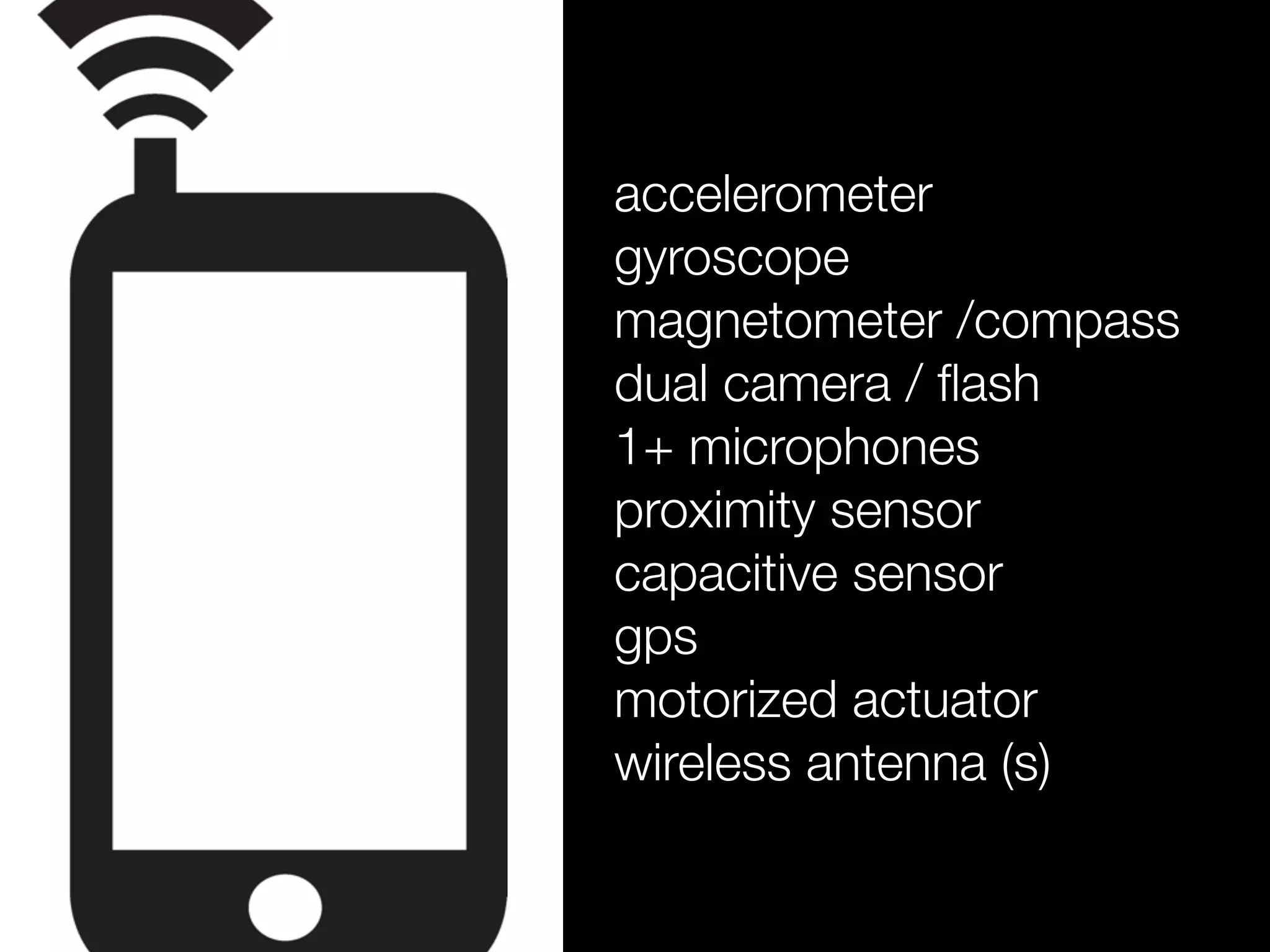 accelerometer
gyroscope
magnetometer /compass
dual camera / ﬂash
1+ microphones
proximity sensor
capacitive sensor
gps
motorized actuator
wireless antenna (s)
 
