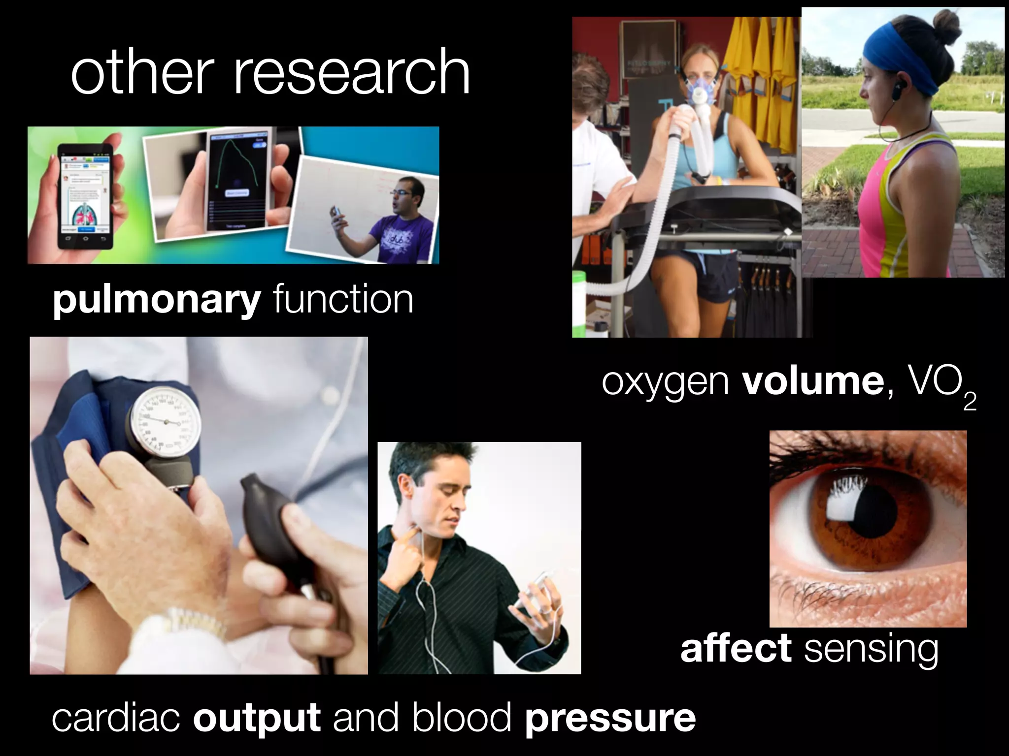 oxygen volume, VO2
other research
cardiac output and blood pressure
pulmonary function
aﬀect sensing
 