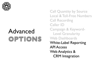 

               Call Quantity by Source
               Local & Toll-Free Numbers
               Call Recording
               Caller ID
               Campaign & Keyword-
    Advanced     Level Granularity
    OPTIONS    Web Dashboards
               White-Label Reporting
               API Access
               Web Analytics &
                 CRM Integration
 