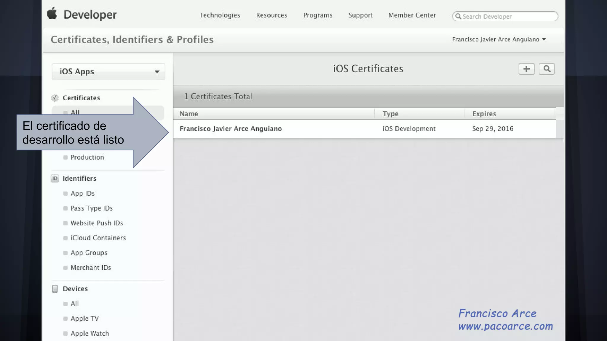 El certificado de
desarrollo está listo
