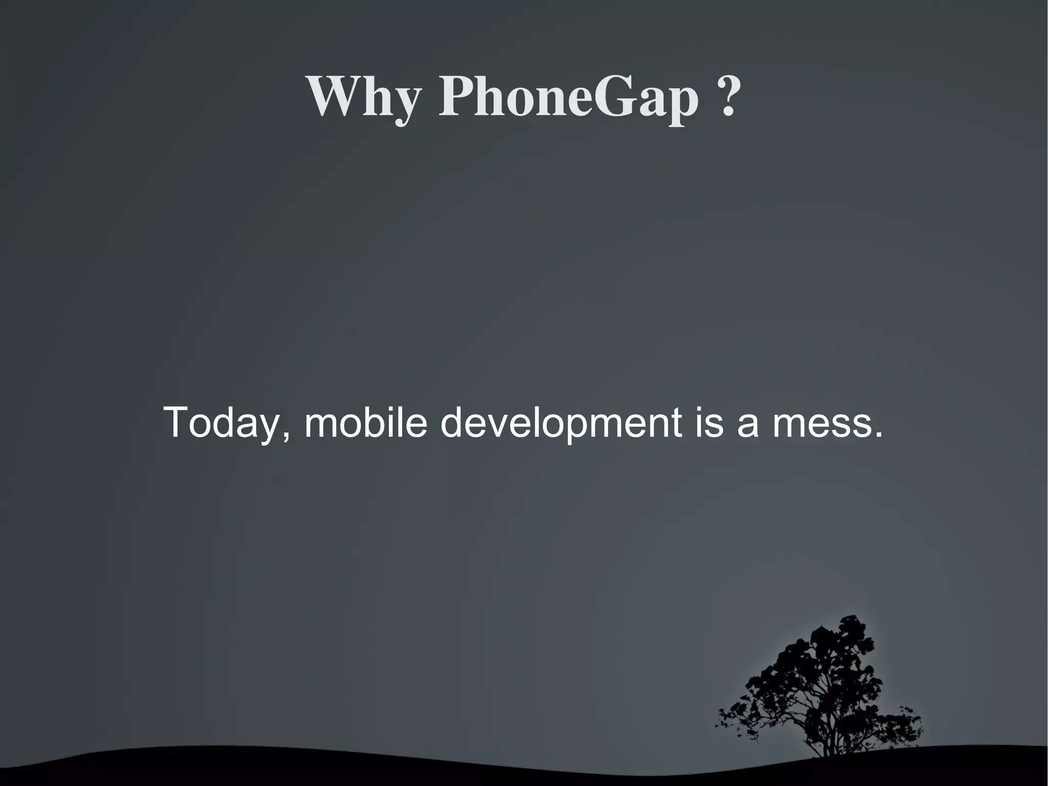 Why PhoneGap ? Today, mobile development is a mess. 