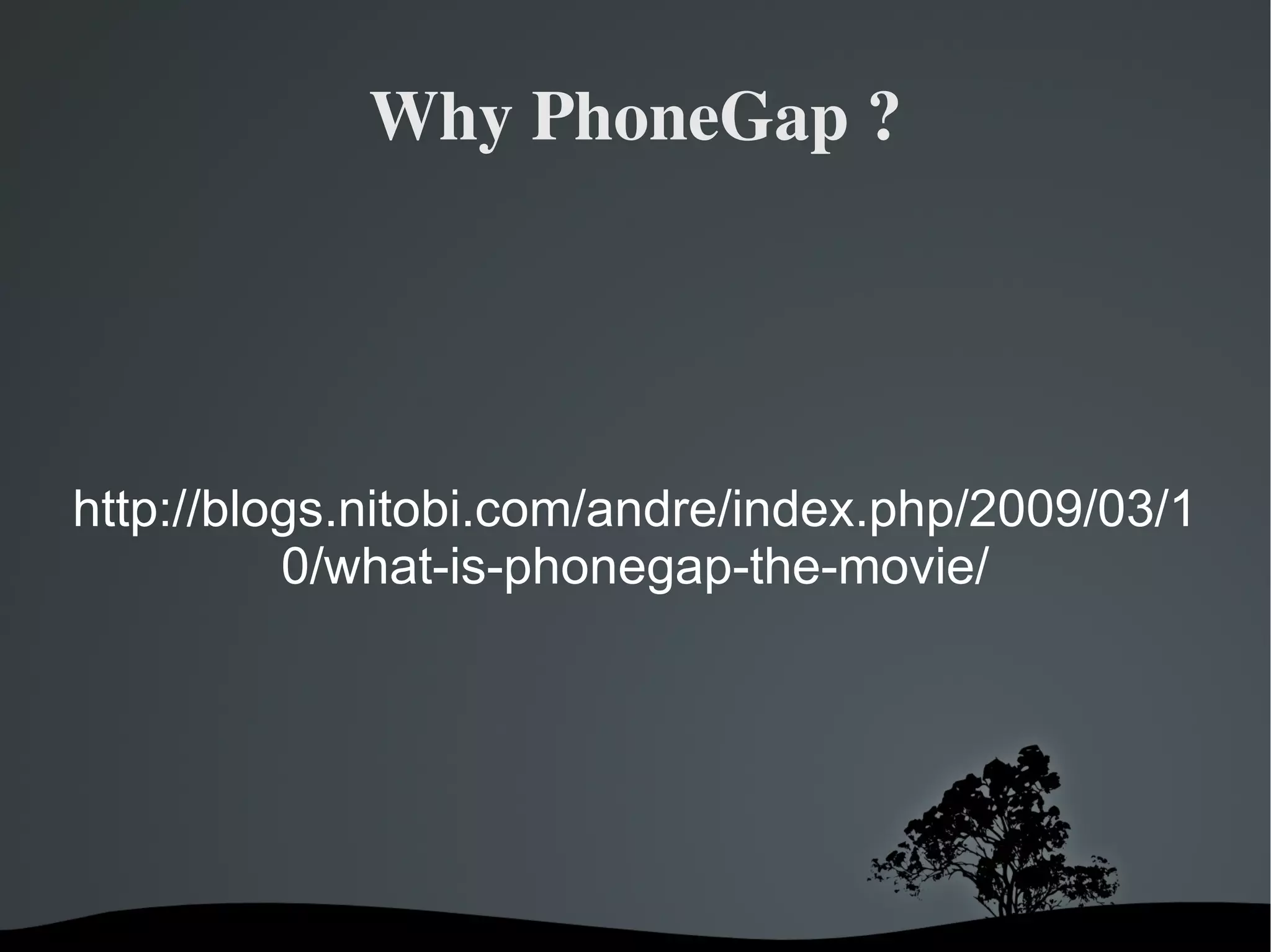 Why PhoneGap ? http://blogs.nitobi.com/andre/index.php/2009/03/10/what-is-phonegap-the-movie/ 
