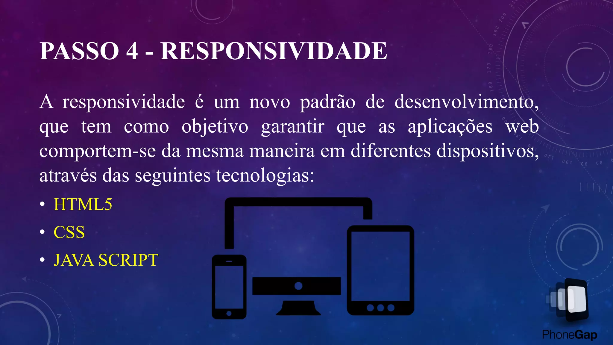 PASSO 4 - RESPONSIVIDADE
A responsividade é um novo padrão de desenvolvimento,
que tem como objetivo garantir que as aplicações web
comportem-se da mesma maneira em diferentes dispositivos,
através das seguintes tecnologias:
• HTML5
• CSS
• JAVA SCRIPT
 