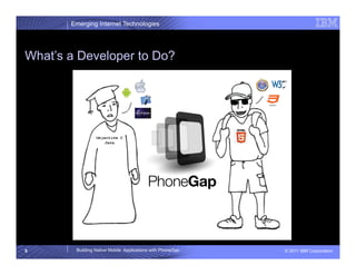 Emerging Internet Technologies




What’s a Developer to Do?




9       Building Native Mobile Applications with PhoneGap   © 2011 IBM Corporation
 