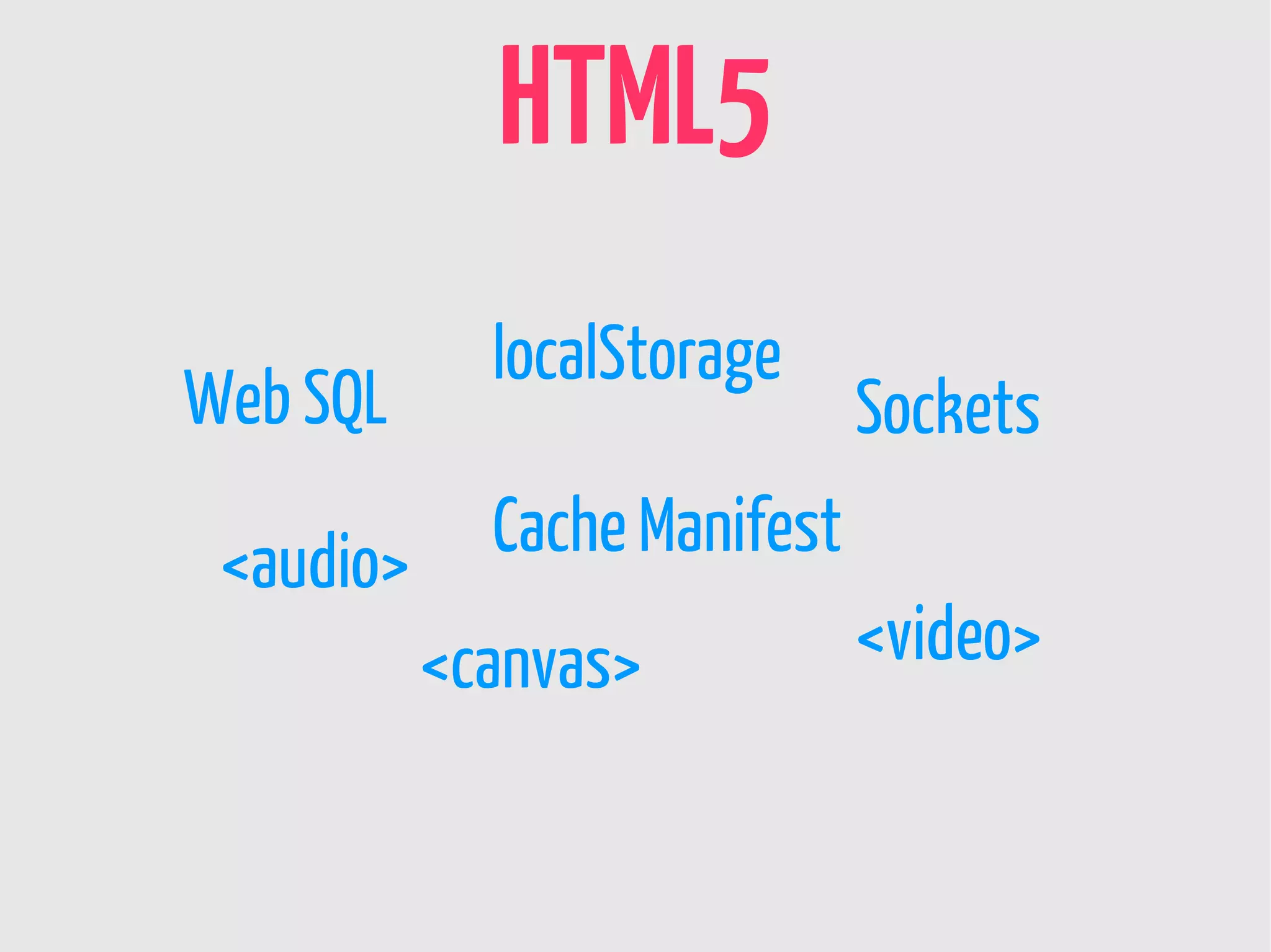 HTML5
             localStorage
Web SQL                       Sockets

 <audio>     Cache Manifest
           <canvas>           <video>
 