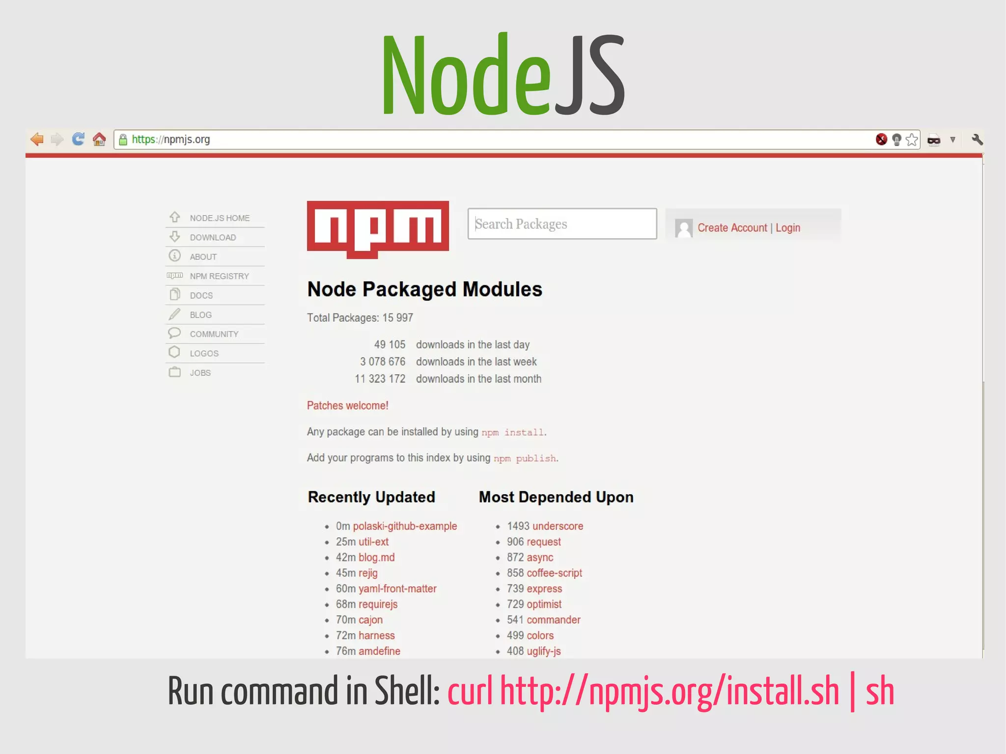NodeJS




Run command in Shell: curl http://npmjs.org/install.sh | sh
 