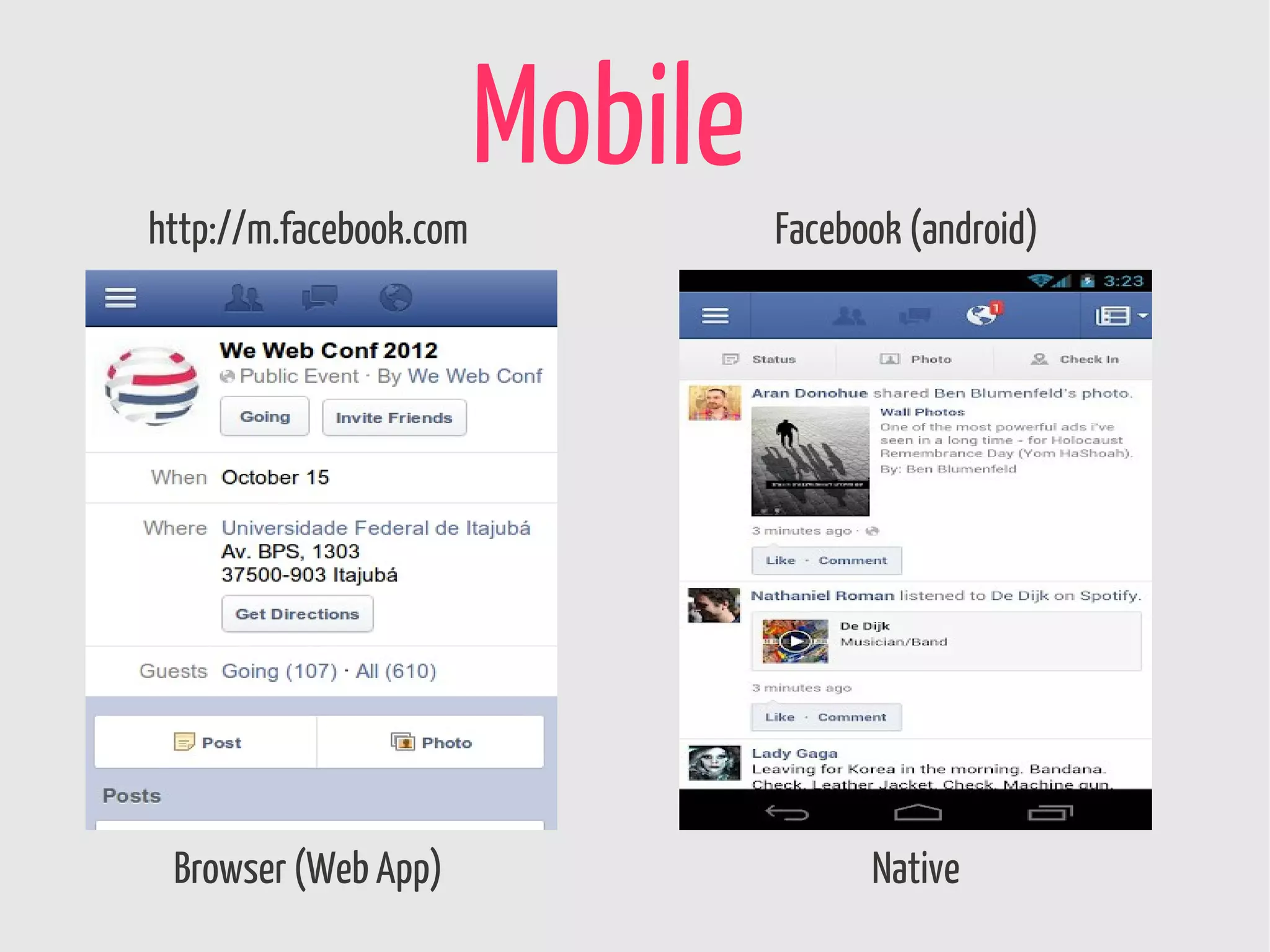 Mobile
http://m.facebook.com            Facebook (android)




 Browser (Web App)                     Native
 