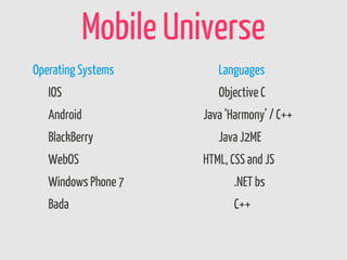 Mobile Universe
Operating Systems       Languages
   IOS                  Objective C
   Android           Java ‘Harmony’ / C++
   BlackBerry           Java J2ME
   WebOS             HTML, CSS and JS
   Windows Phone 7         .NET bs
   Bada                    C++
 
