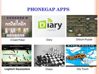 PHONEGAP APPS




    3 Card Poker        Diary      Orbium Puzzle




Logitech Squeezebox     Chess      City Touch
 