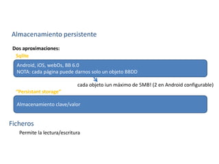 Almacenamiento persistente
Dos aproximaciones:
Ficheros
Permite la lectura/escritura
Android, iOS, webOs, BB 6.0
NOTA: cada página puede darnos solo un objeto BBDD
Sqlite
cada objeto iun máximo de 5MB! (2 en Android configurable)
Almacenamiento clave/valor
“Persistant storage”
 