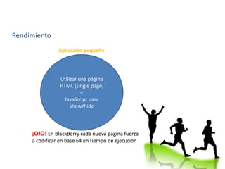 Rendimiento
Utilizar una página
HTML (single page)
+
JavaScript para
show/hide
¡OJO! En BlackBerry cada nueva página fuerza
a codificar en base 64 en tiempo de ejecución
Aplicación pequeña
 