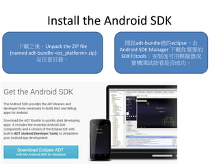 Install the Android SDK
d֮ᣬUnpack the ZIP file
(named adt-bundle-<os_platform>.zip)
Ŀ䛡
_adt-bundleeeclipseȥ
Android SDK Manager dҪ
SDKtoolsbģM
CyԇǷɹ
 