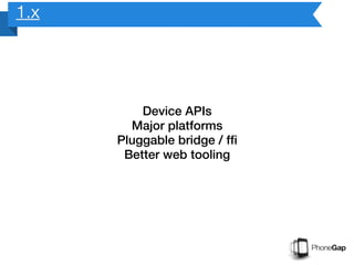 1.x




          Device APIs
        Major platforms
      Pluggable bridge / ffi
       Better web tooling
 