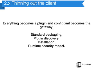 2.x Thinning out the client



Everything becomes a plugin and config.xml becomes the
                       gateway.

                Standard packaging.
                  Plugin discovery.
                     Installation.
               Runtime security model.
 