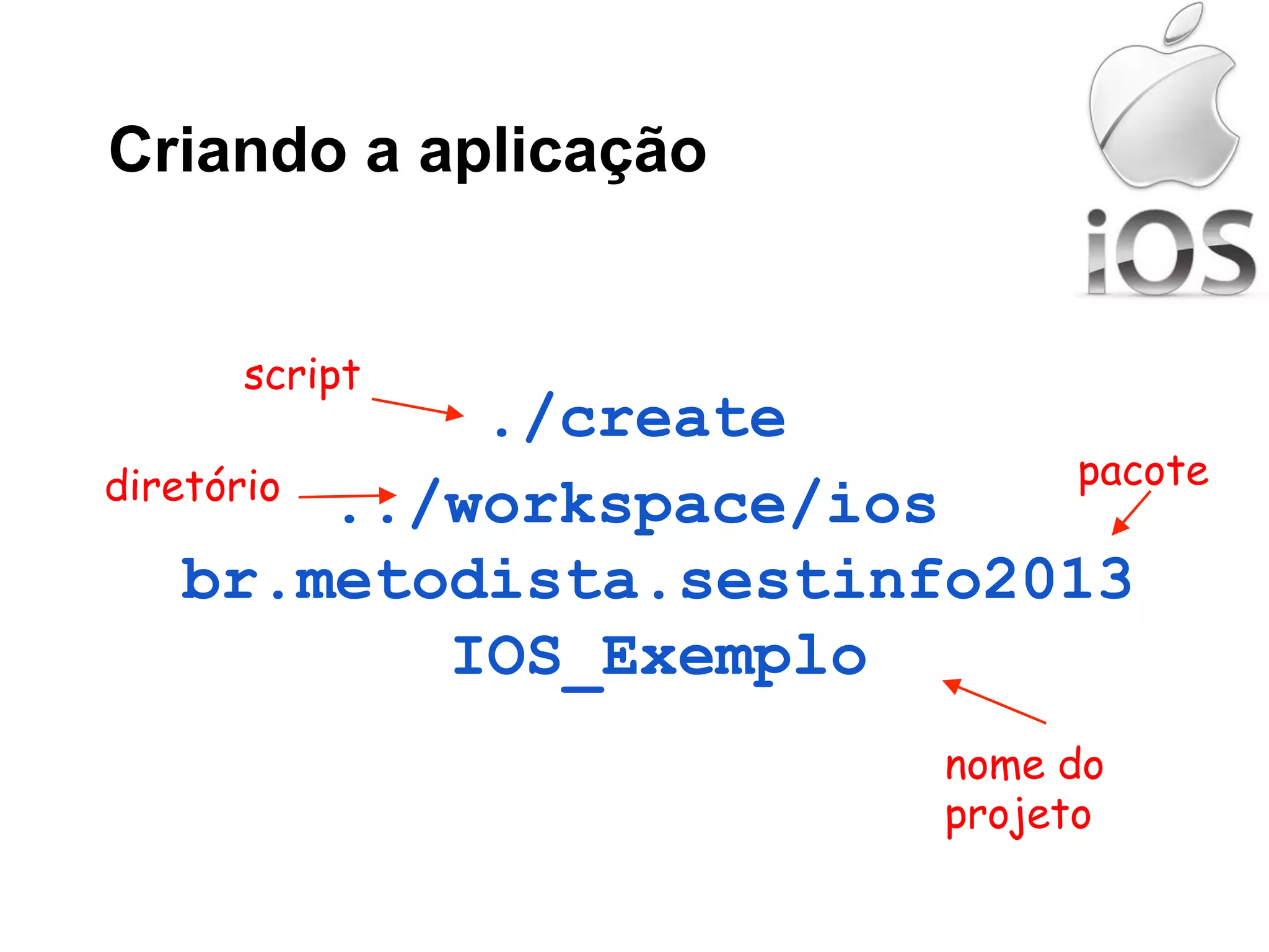 Criando a aplicação
./create
../workspace/ios
br.metodista.sestinfo2013
IOS_Exemplo
script
diretório pacote
nome do
projeto
 